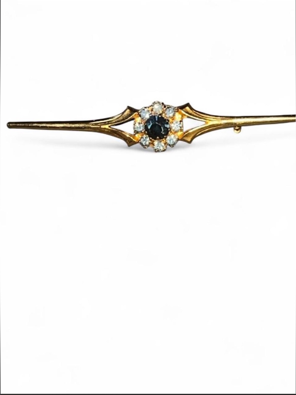 Vintage Gold Tone Bar Brooch with Dark Blue Center and Clear Accents